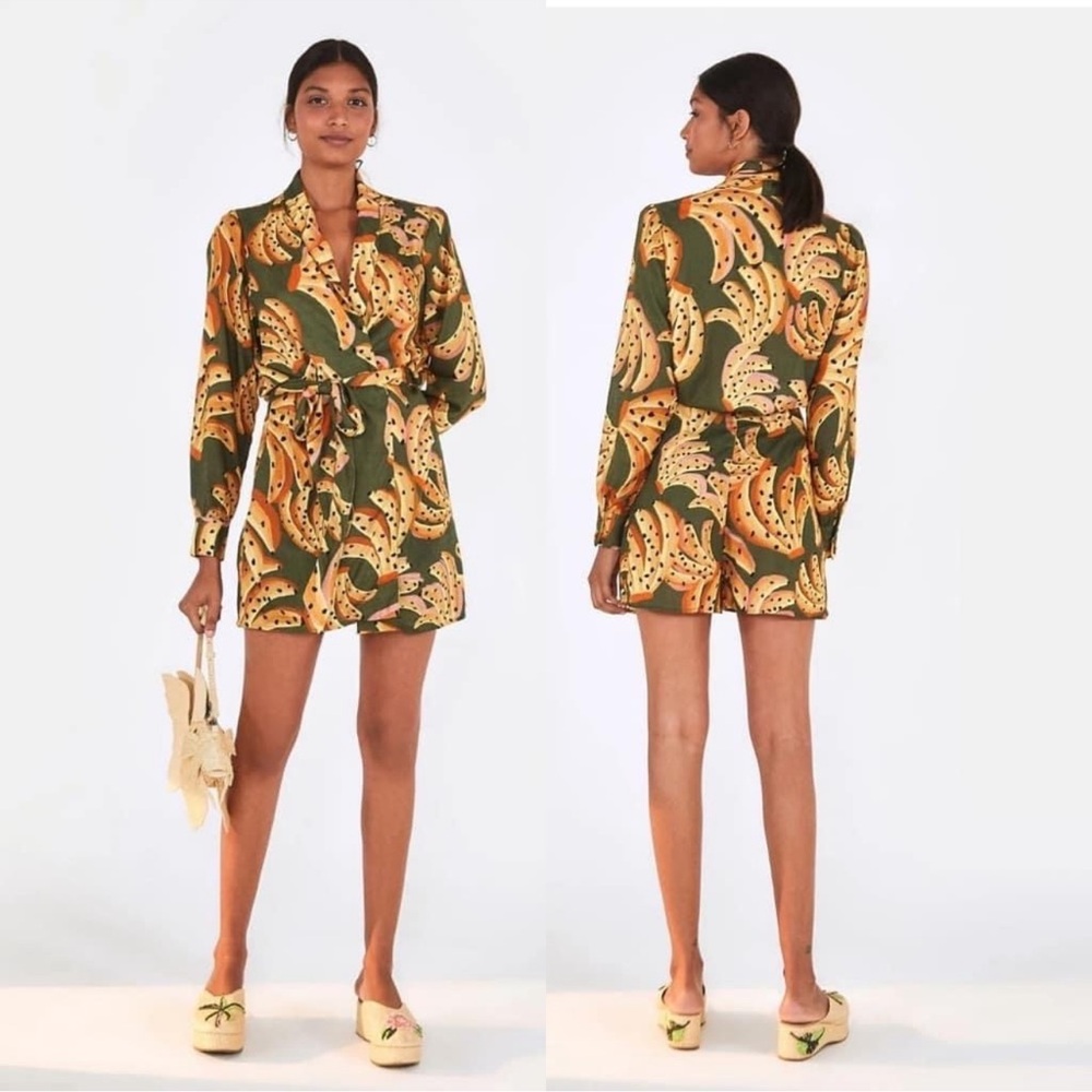 FARM Rio Olive Green & Mustard Banana Print Wrap Romper